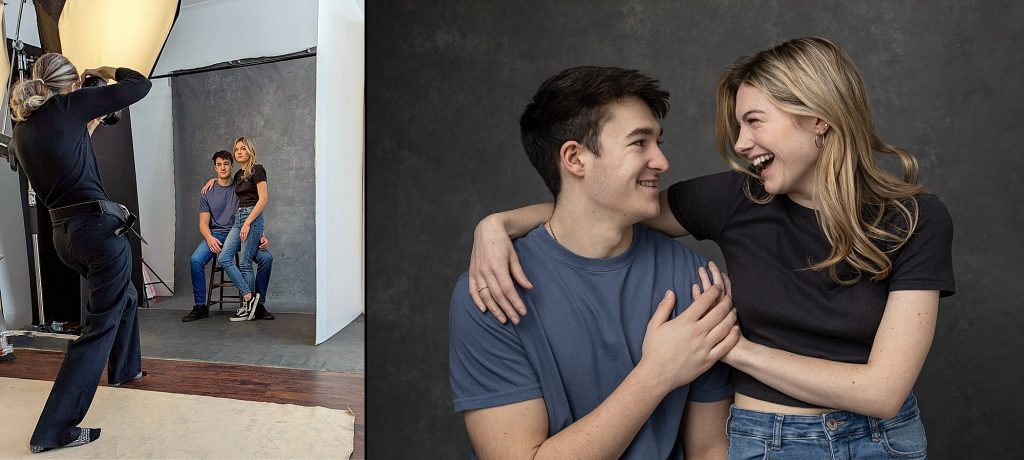 A behind the scenes photo of Maundy Mitchell photographing Brianna and her boyfriend, and the final portrait