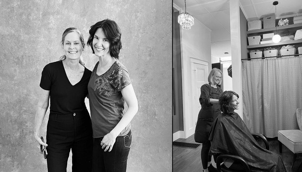 A black and white cell photo of Maundy and Karen; a black and white photo of Karen enjoying hair and makeup styling before her photo session