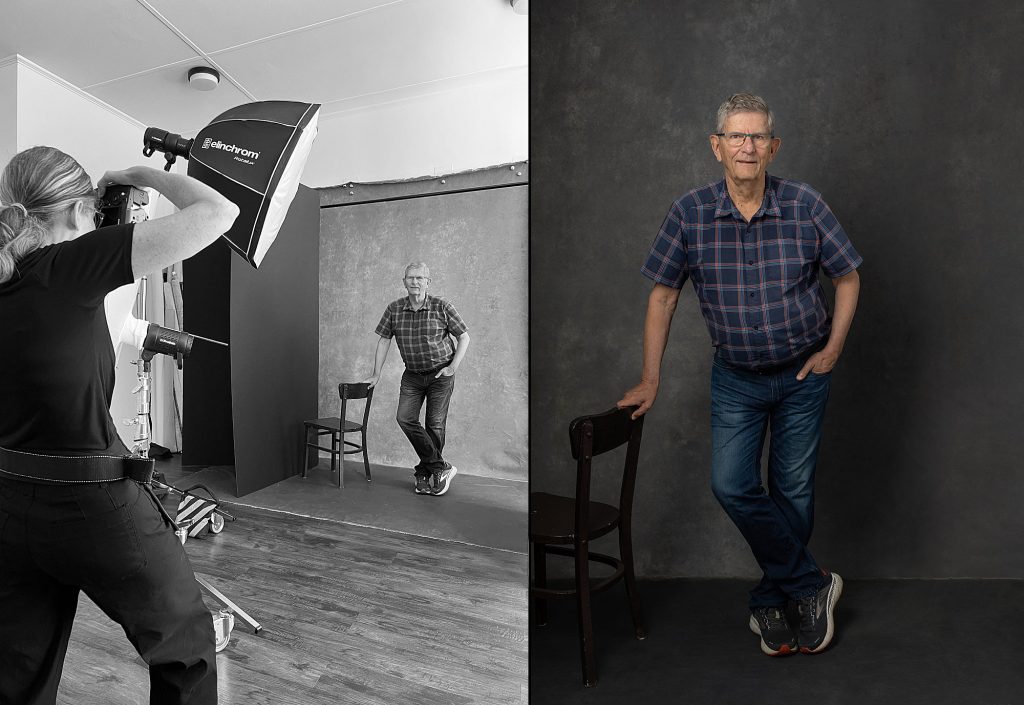 A black and white, behind-the-scenes photo of Maundy photographing Volker, and the finished portrait
