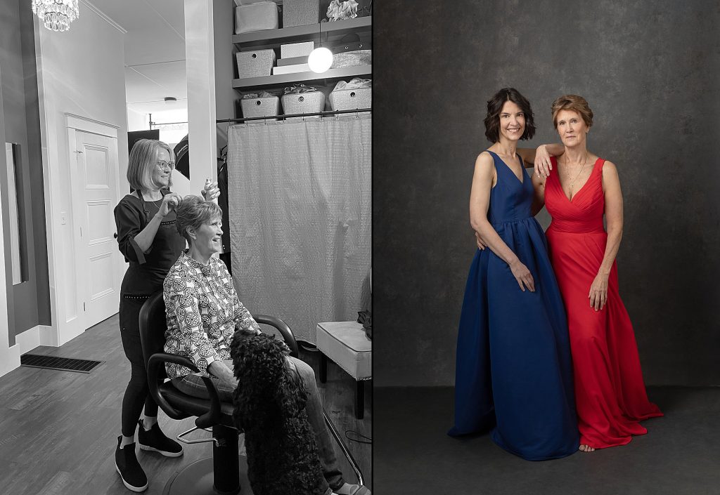 A black and white photo of Jyl enjoying hair and makeup styling by Dianne Sitar, and a portrait of Karen and Jyl