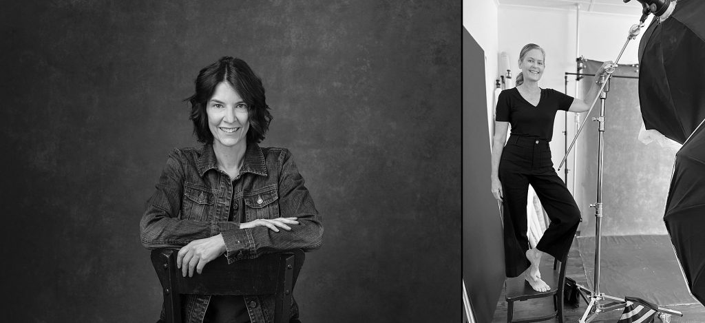 A black and white portrait of Karen, wearing a jean jacket / a 