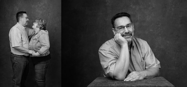 Two black and white portraits: Taunya and Kurt, and Kurt sitting at a table