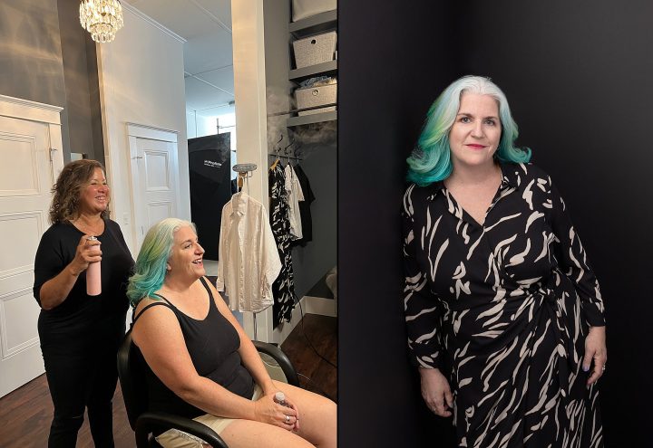 A photo of Kim before her photo session for Extraordinary: the Over 50 Revolution, and a portrait of her with a black background