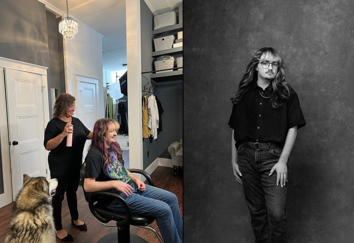 A behind the scenes photo of Leo enjoying hair and makeup by Donna Cotnoir with his dog looking on, and a finished black and white portrait of Leo