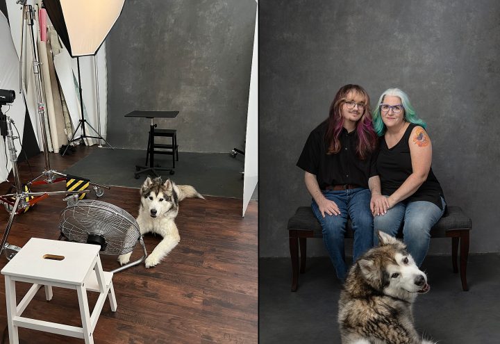 A behind the scenes photo of Kim & Leo's dog, lying in front of the fan, and a portrait of Kim with her son and dog