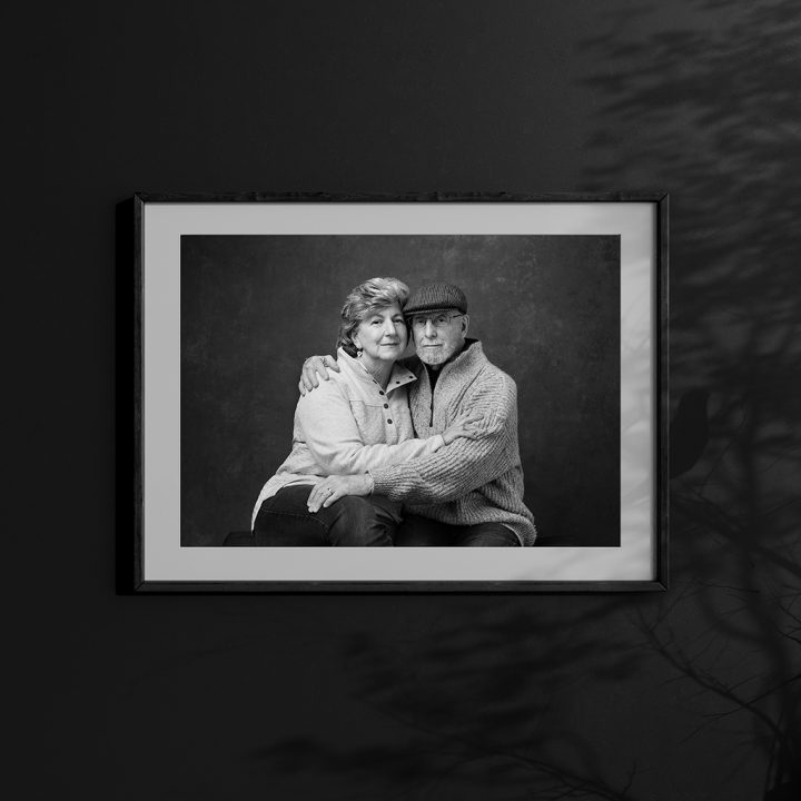Custom framed black and white portrait of a couple