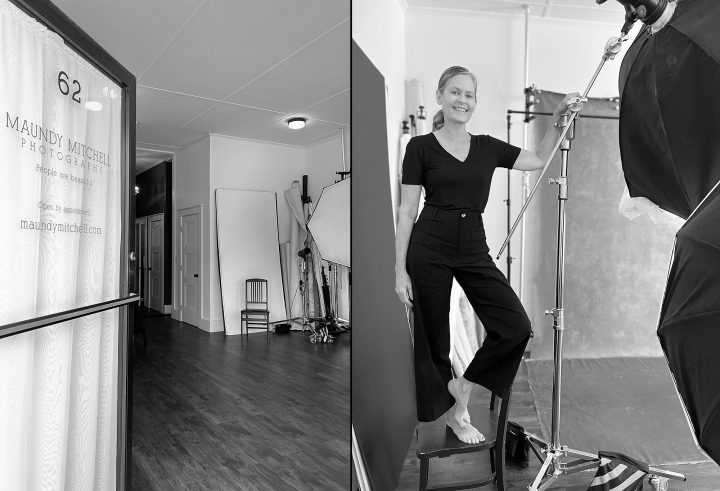 Behind the scenes photos - Maundy Mitchell Photography studio open door and photo of Maundy working