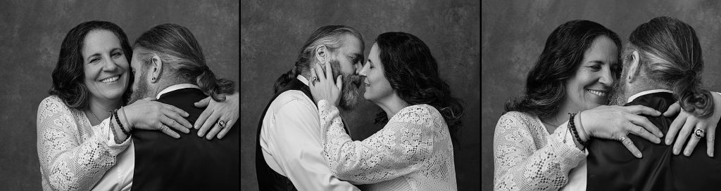Three black and white closeup portraits of Christine and Mark