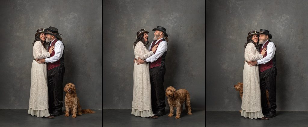 Three portraits of Christine and Mark with one of their dogs