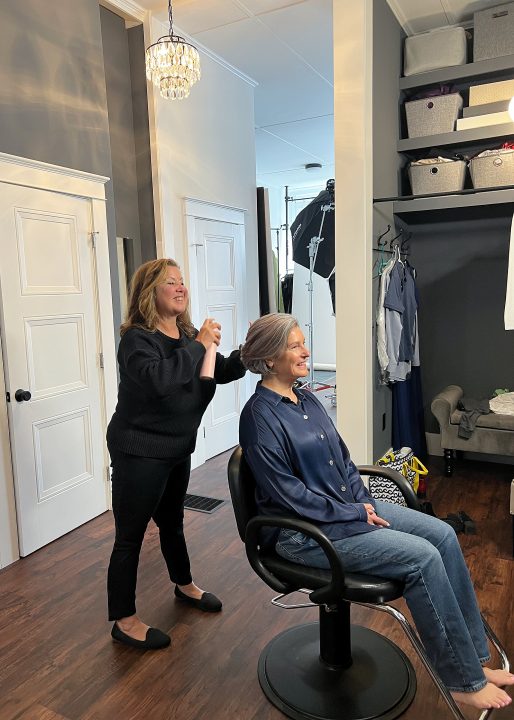Behind the scenes at Patty and Dan's portrait experience - Patty, enjoying professional hair and makeup styling by Donna Cotnoir