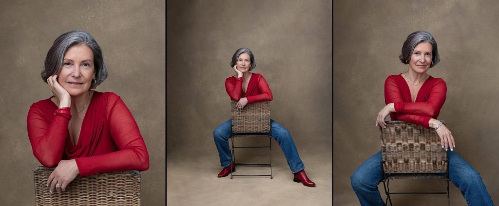 Three photos of Patty, wearing a red top