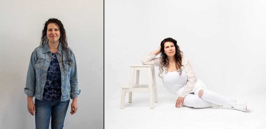 Two photos of Lyla, before and after professional styling, lighting, and direction