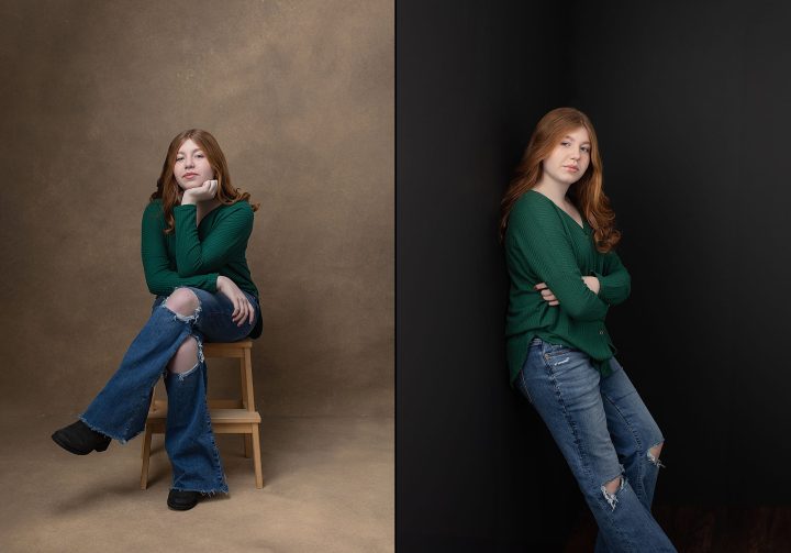Two studio portraits of a teenage girl