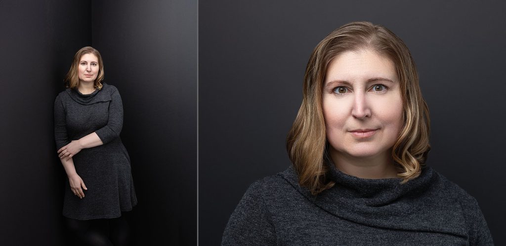 Two portraits of Carolyn from her Mother and Son Portrait Experience at Maundy Mitchell Photography