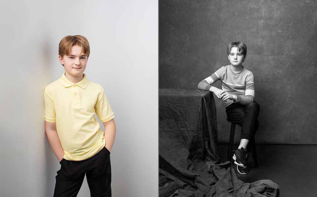 Two photos of a boy from his Mother and Son Portrait Experience at Maundy Mitchell Photography in Plymouth, NH