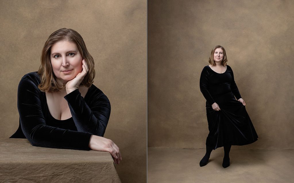 Two portraits of Carolyn from her Mother & Son Portrait Experience at Maundy Mitchell Photography in Plymouth, NH