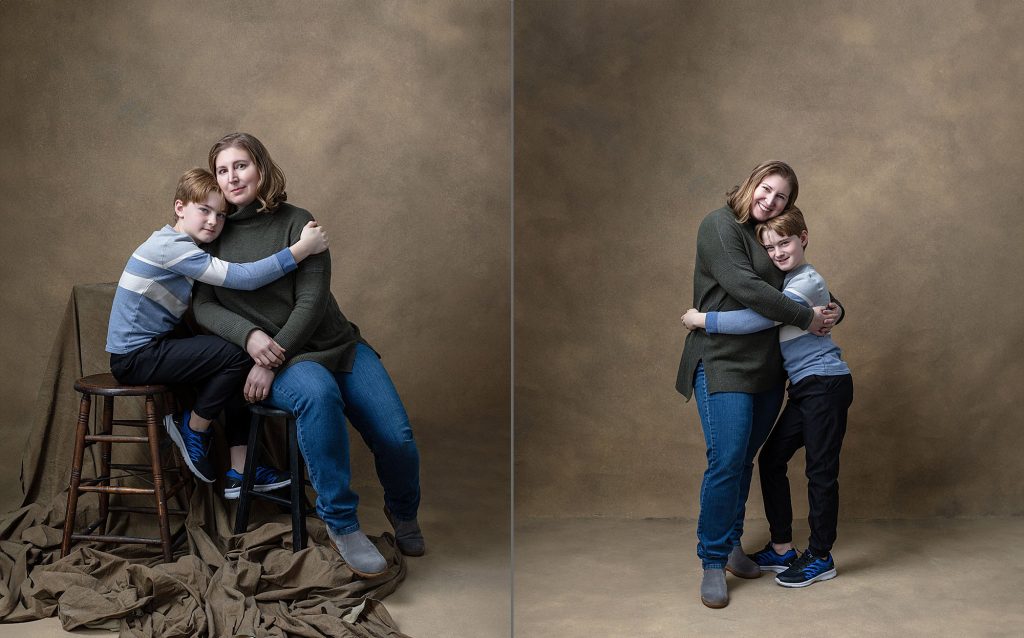 Two photos of a mother and son from their portrait session at Maundy Mitchell Photography in Plymouth, NH
