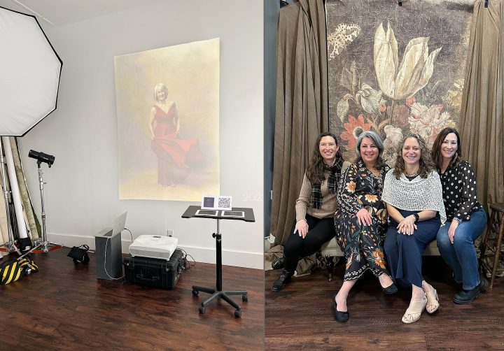 Photos from The Over 50 Revolution celebration, showing a projected image and people enjoying each other's company at Maundy Mitchell Photography