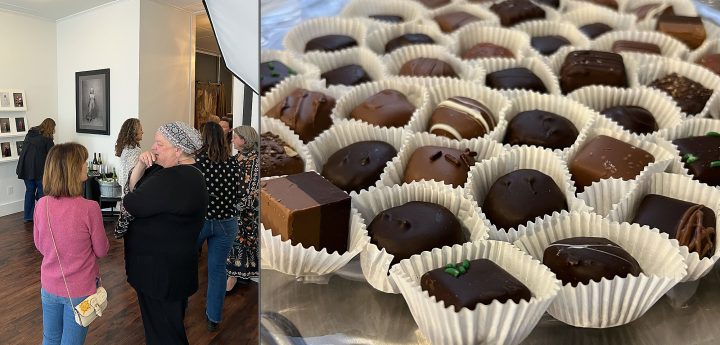 Photos from The Over 50 Revolution celebration, showing people enjoying photos, friendship, food, and chocolate  at Maundy Mitchell Photography