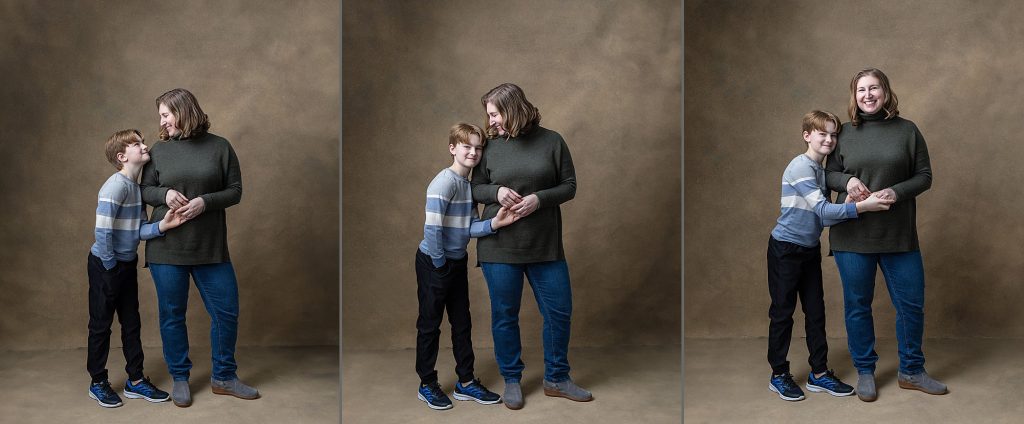 Three casual studio photos from a mother & son Portrait Experience