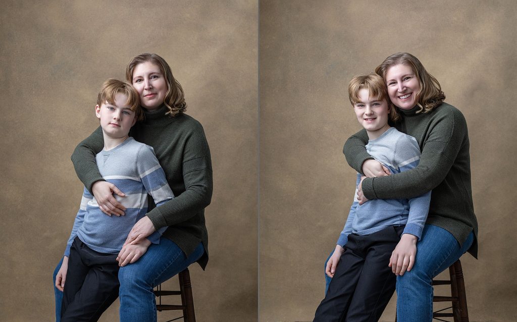 Two photos of a mother and son hugging