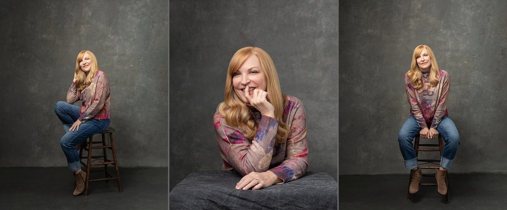 Three casual portraits of Susan wearing jeans and a sweater, in front of a hand-painted backdrop