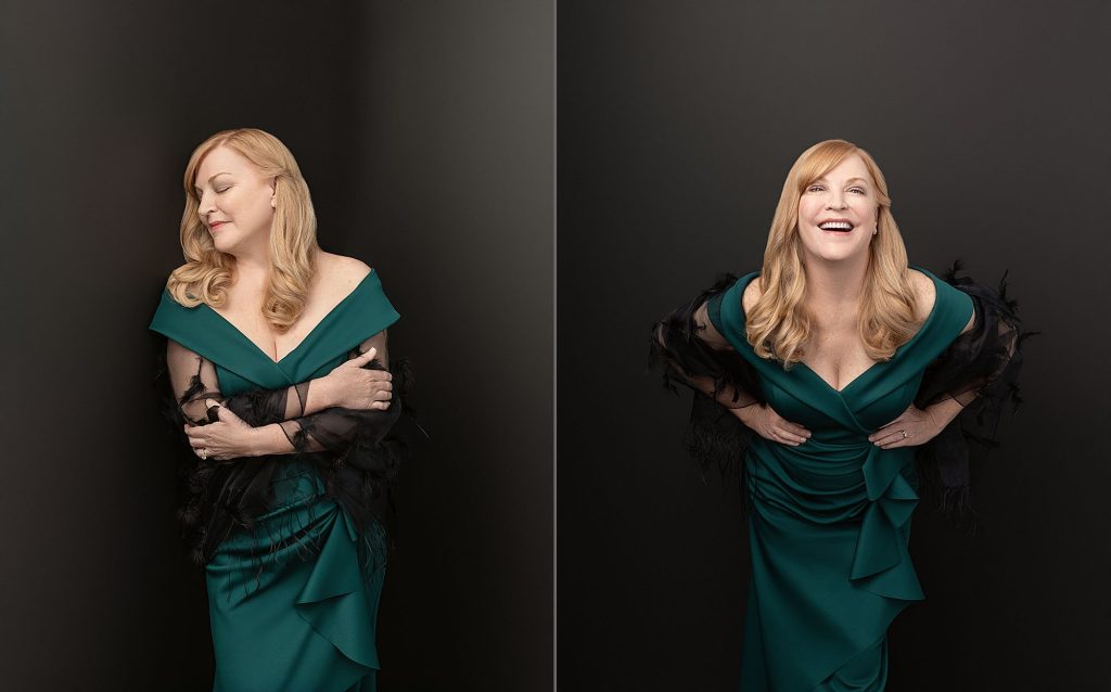 Two portraits of Susan wearing a green gown