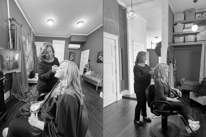 Susan's achievement - a portrait experience to celebrate her retirement. Two black and white cell pics show Susan enjoying professional hair and makeup styling.