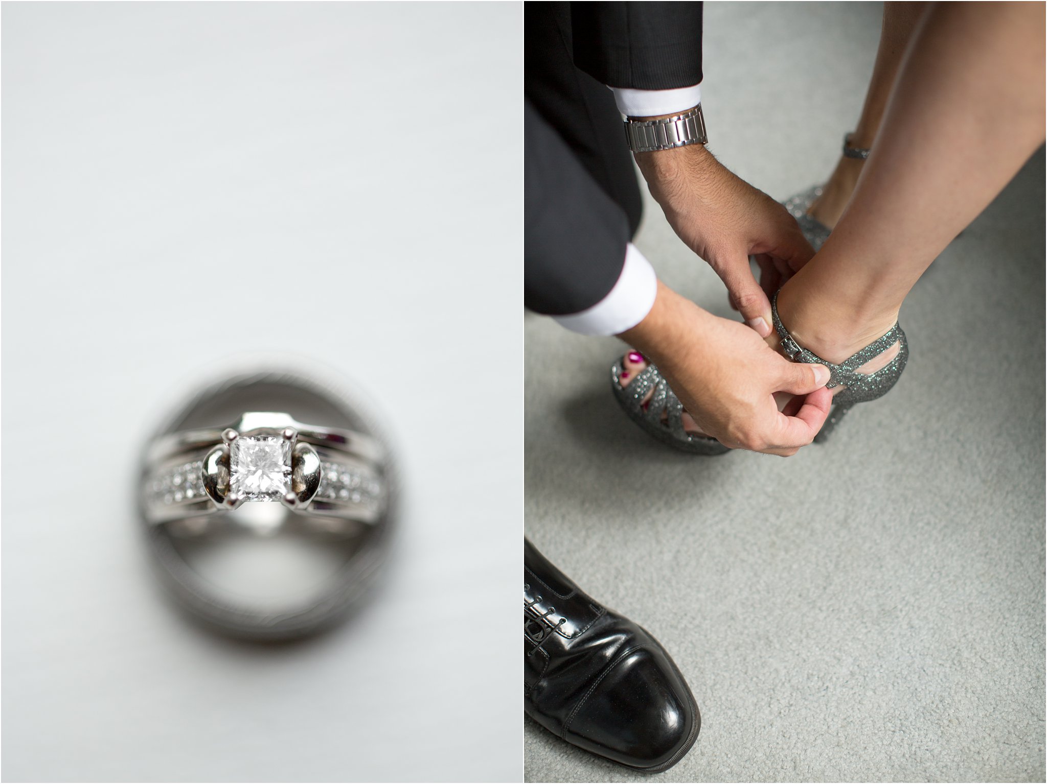 Wedding rings and groom helping bride