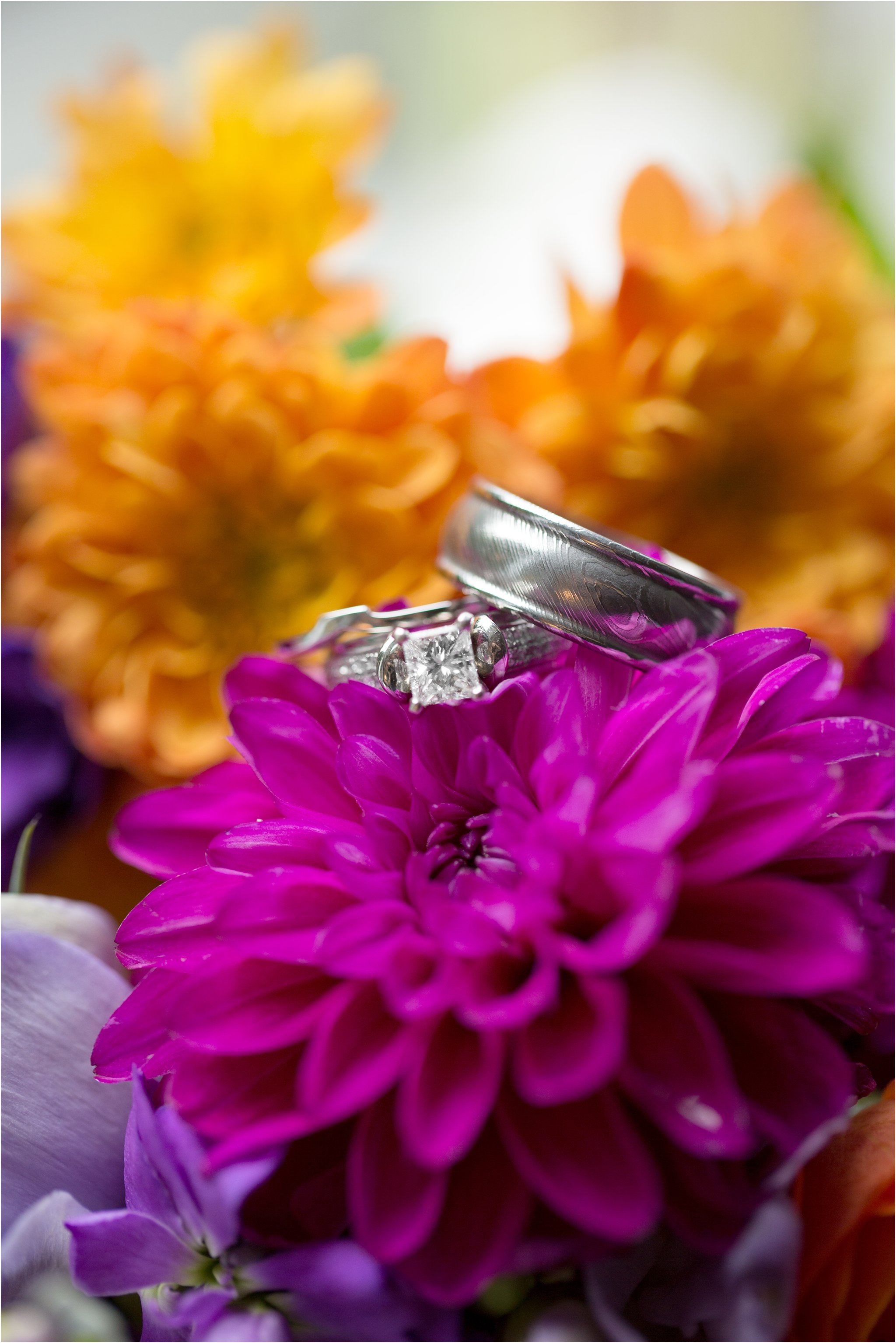 Wedding rings and fall bridal bouquet