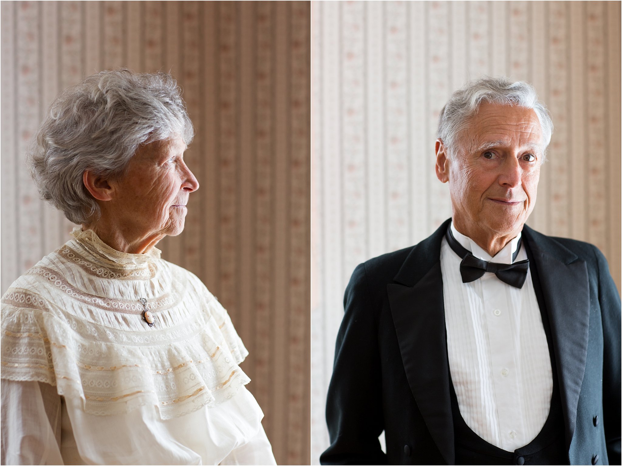 Portraits of couple wearing antique wedding dress and tuxedo