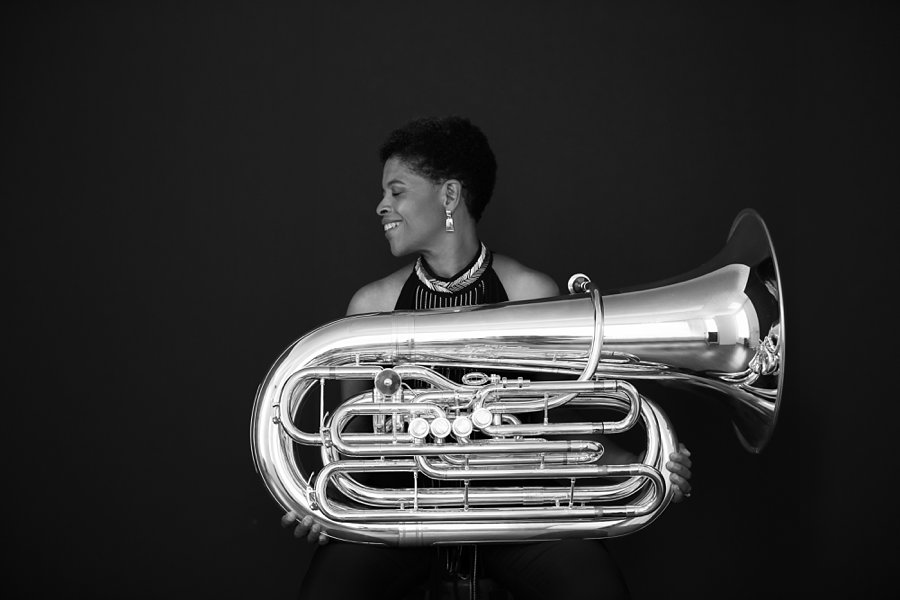 Black and White Profile Portrait of Velvet Brown with her Tuba