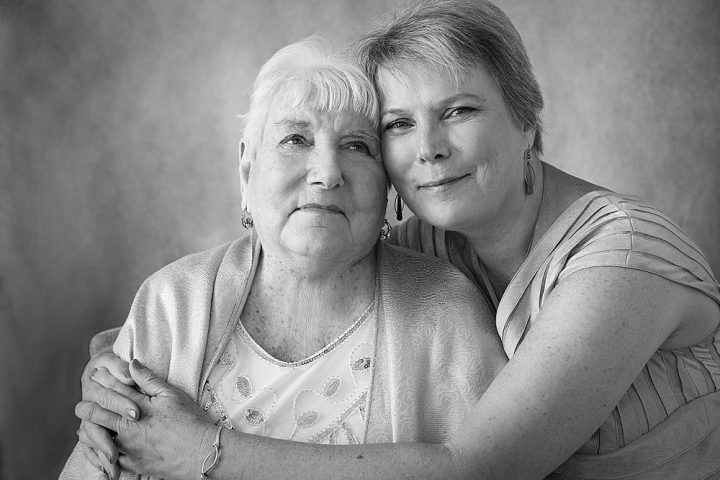 black and white portrait of a mother and daughter