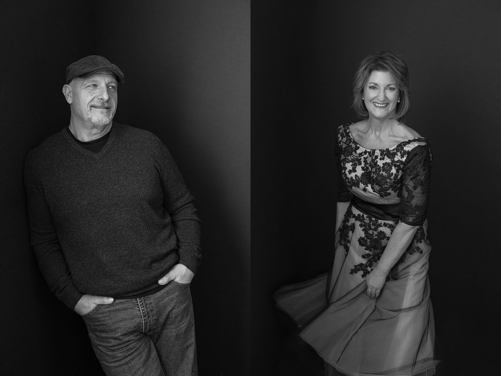 Black and white portraits.  Tom wearing a hat and Susan wearing a vintage 1950s lace dress.