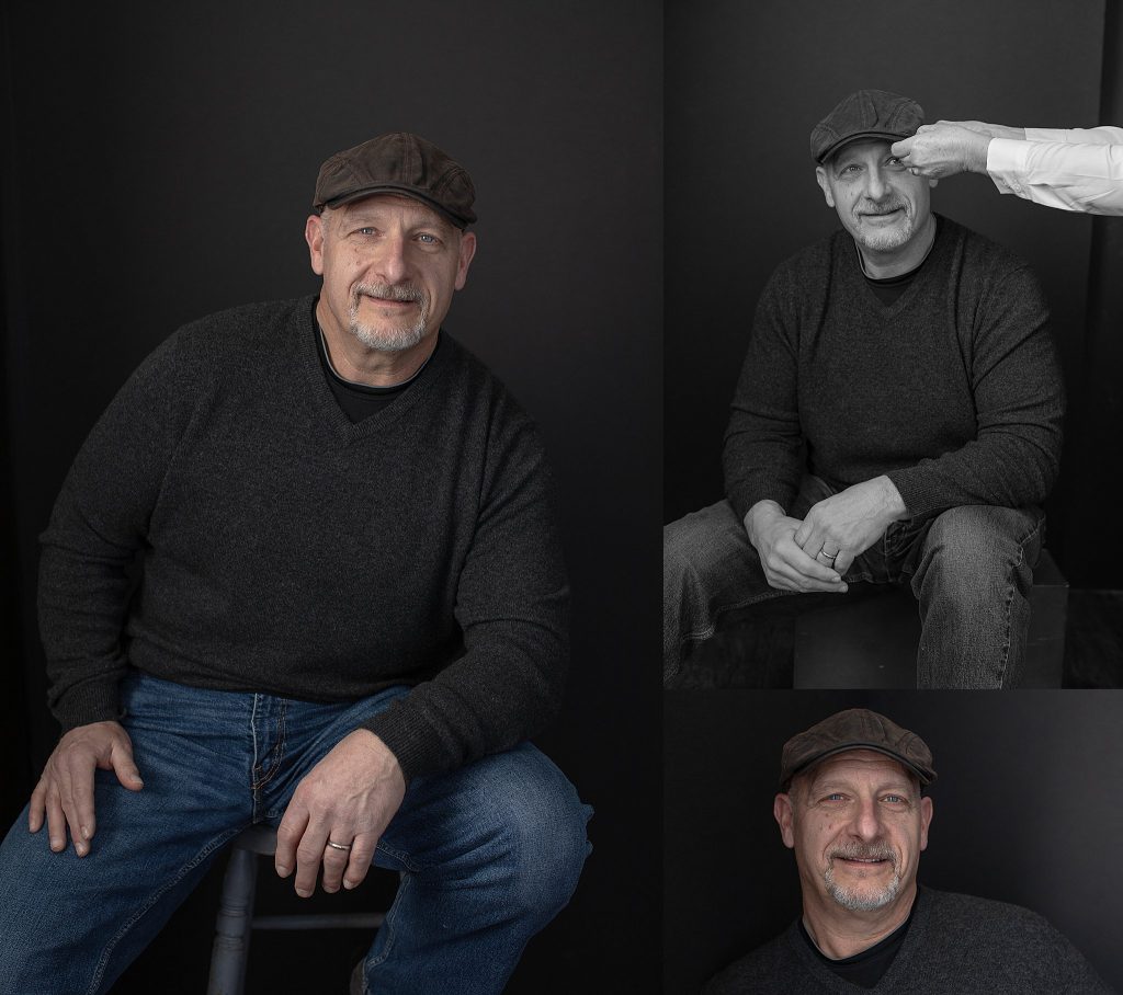 Individual portraits of Tom wearing a hat, and a behind-the-scenes photo of Susan straightening Tom's hat.