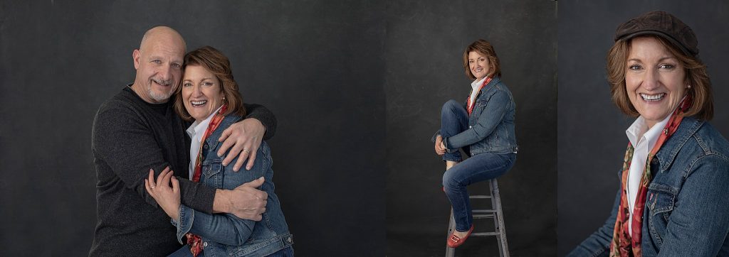 Three portraits: Susan and Tom together, Susan in orange shoes, and Susan wearing Tom's hat.