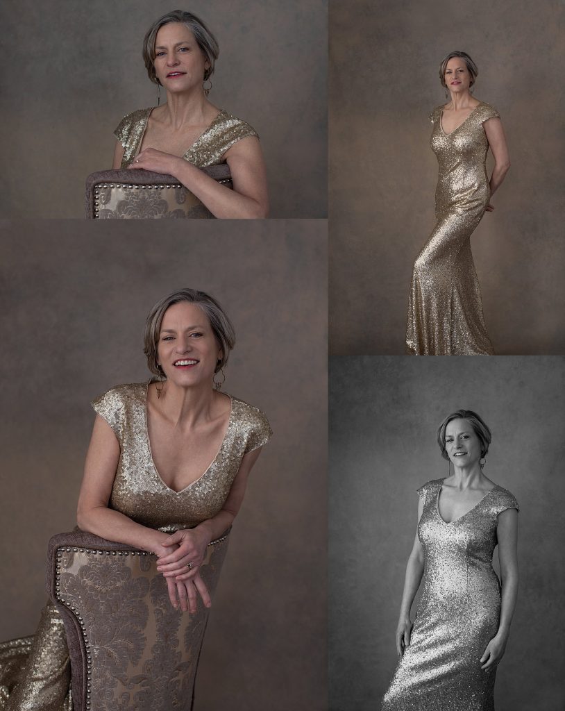 Portraits of a woman in a gold evening gown