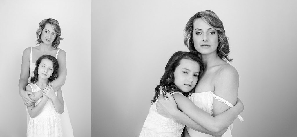 Black and white portraits of mother and daughter