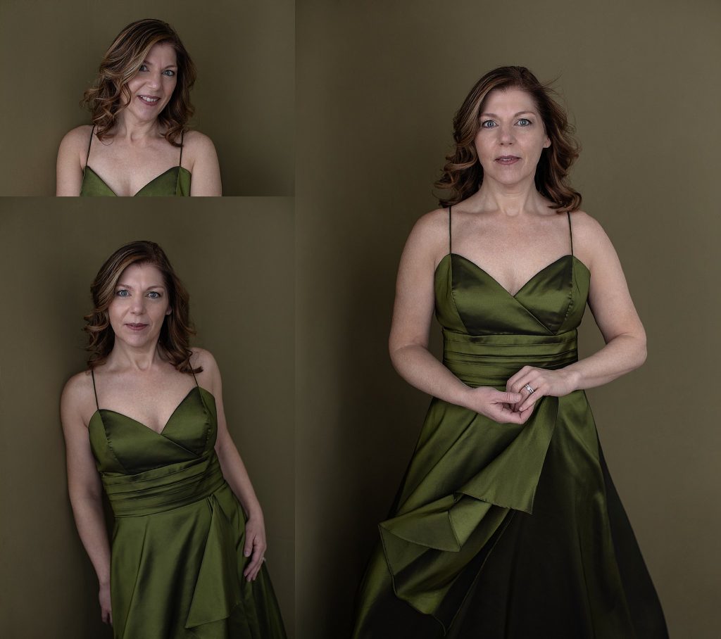 Portraits of Kimberly in a green silk dress