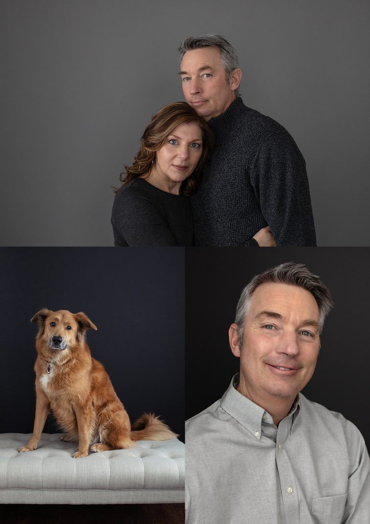 Casual studio portraits of a NH couple and their dog