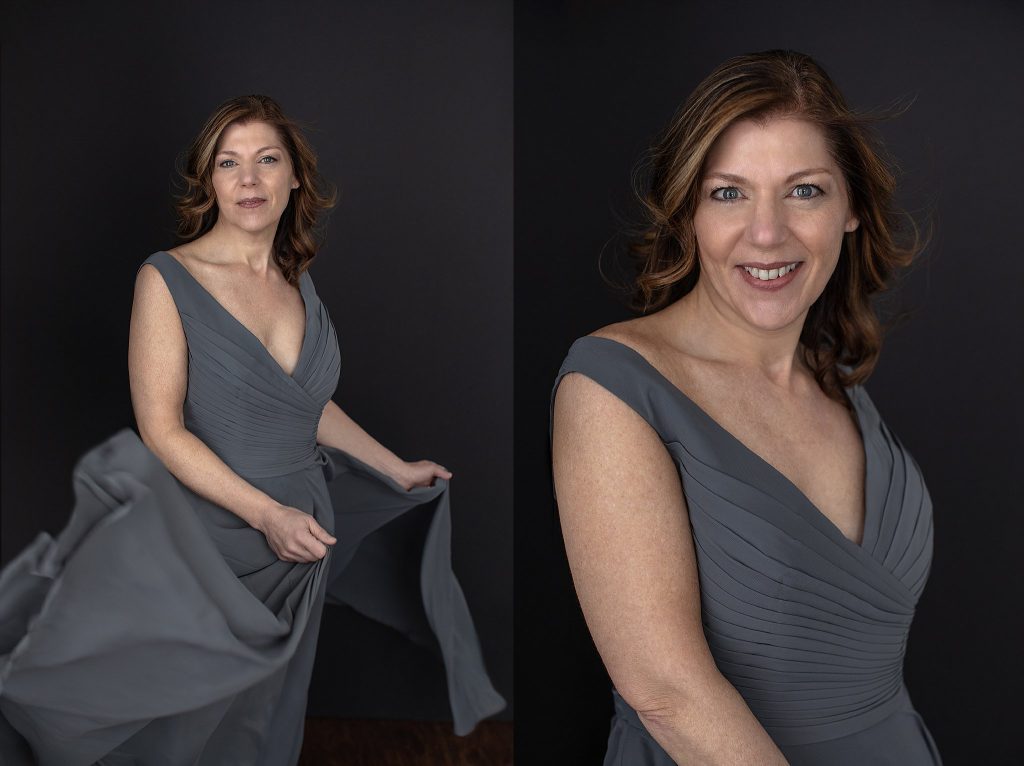 Portraits of Kimberly in a gray dress