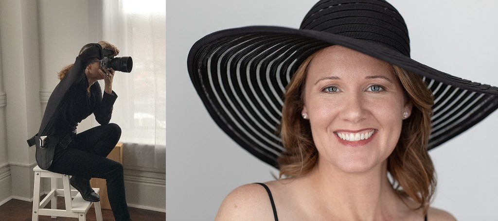 Behind the scenes - photographer, and portrait of Rebecca in a large-brimmed hat