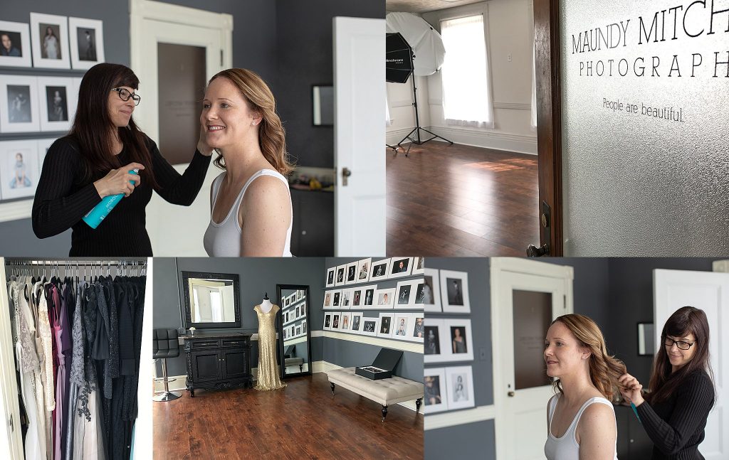 Behind the scenes collage of Rebecca's portrait experience: hair and makeup styling, the studio, and dresses.