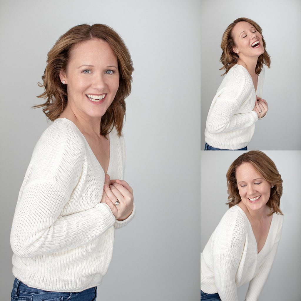 Three portraits of Rebecca in a white sweater