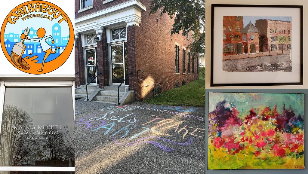 Walkabout Wednesday collage for July 10, 2019.  Maundy Mitchell Photography studio, sidewalk chalk, Betsy Ayotte's paintings.