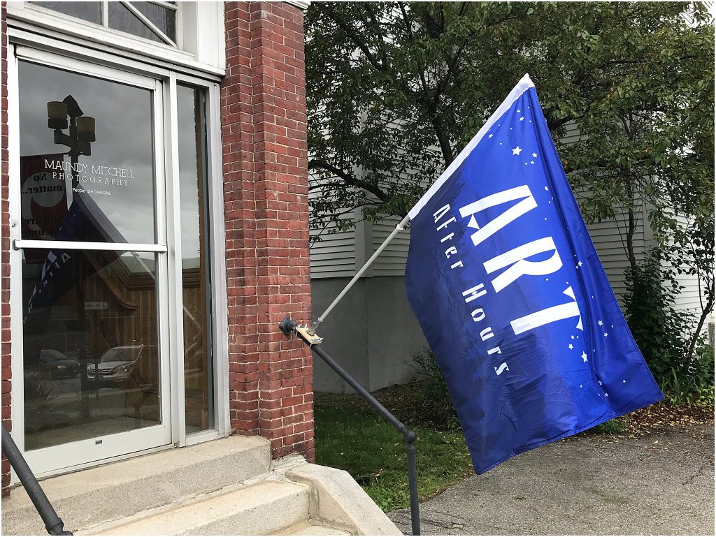 Outside view of Maundy Mitchell's studio with Art After Hours flag