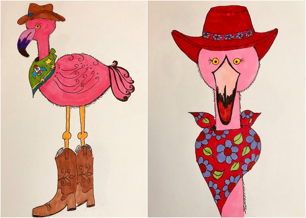 Flamingo illustrations by Suzan Gannett for her latest children's book Sun Birds Go Texan!