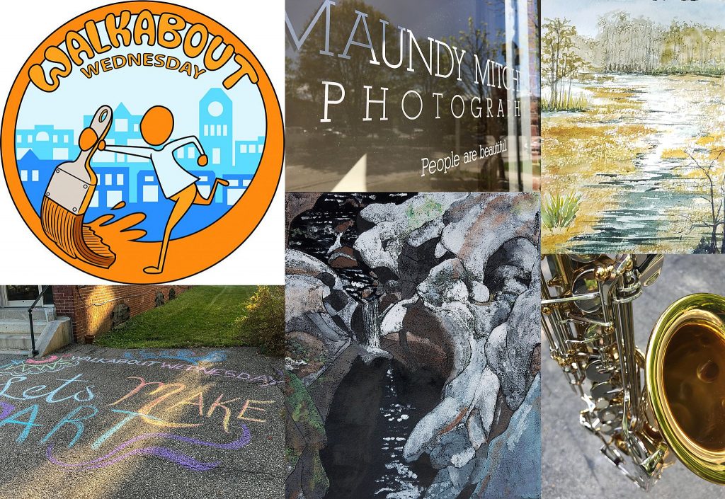 Walkabout Wednesday collage: logo, Maundy Mitchell Photography door sticker, Lynn Decker's paintings, sidewalk art, and saxophone