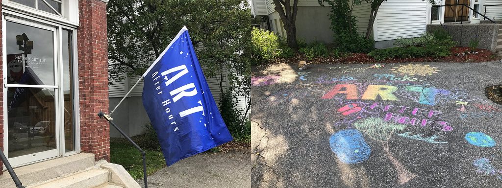 Art After Hours flag and sidewalk chalk drawings outside Maundy Mitchell Photography studio in Plymouth, New Hampshire