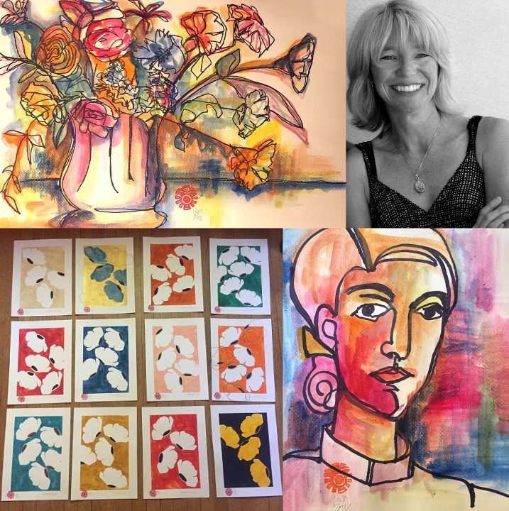 A collage of Lisa Grand Murphy and three of her art works